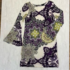 Ice, Retro, Women’s Bell-Sleeve Shift Top in Purple Floral Medallion